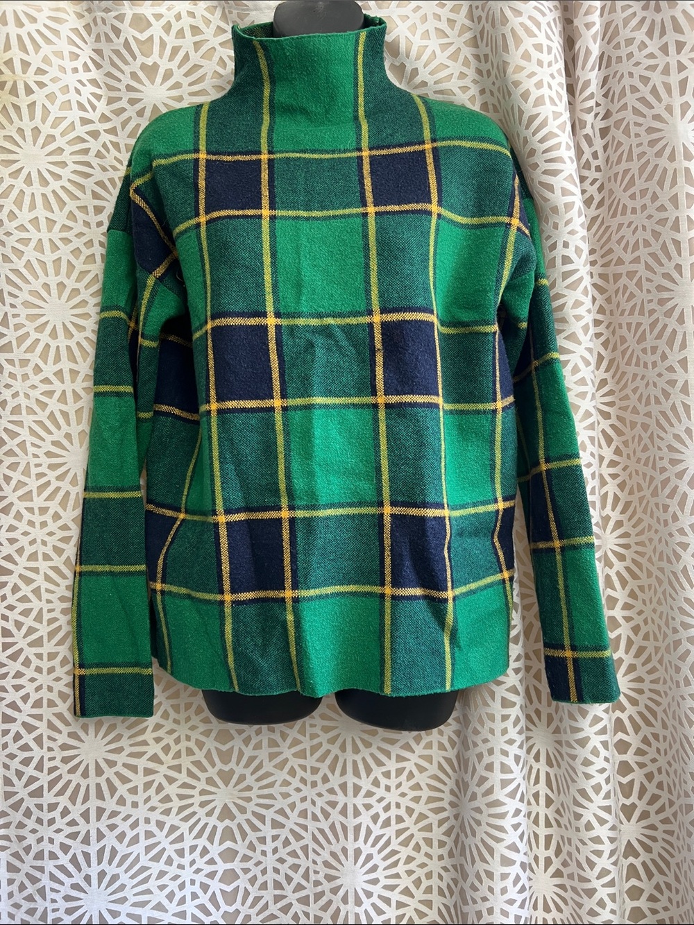 Rachel Zoe Green Navy and Yellow Plaid Turtleneck Sweater